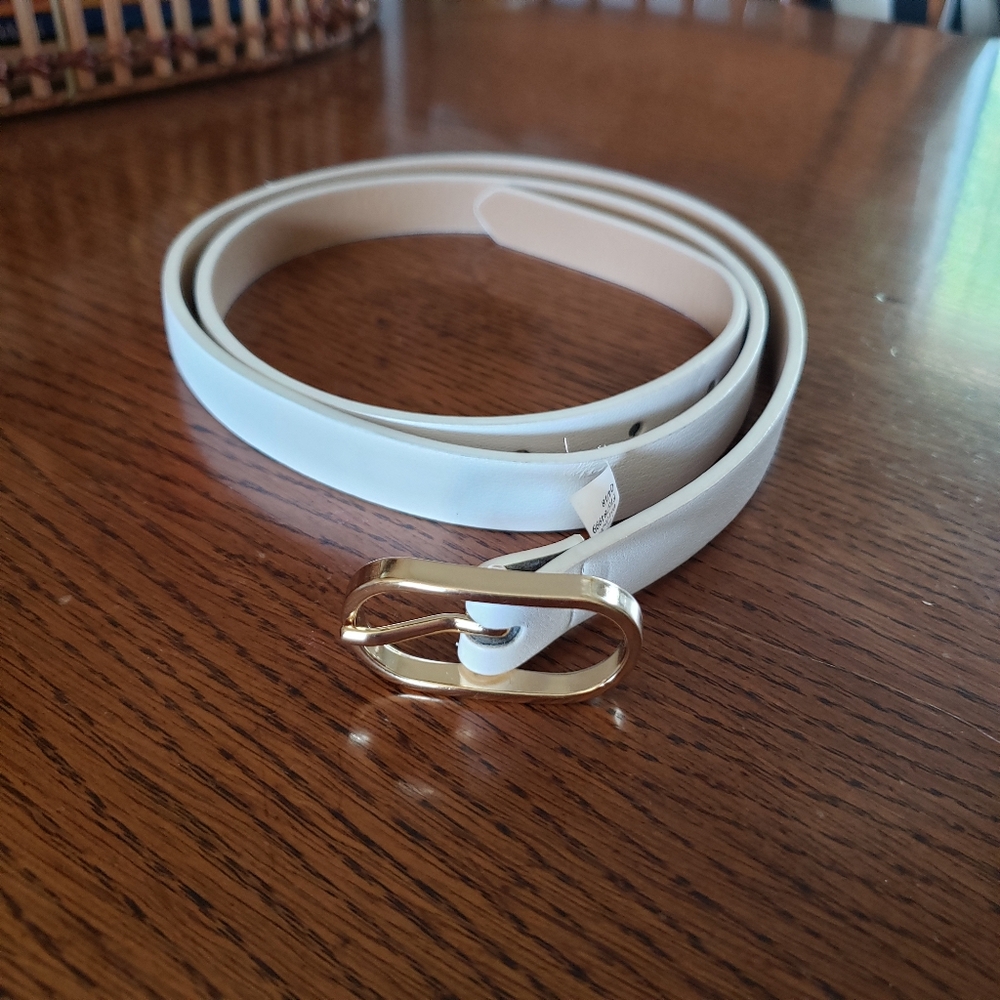Target Vegan Leather Skinny White Belt With Oval Gold Buckle Size Large